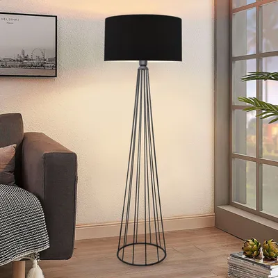 Produktbild von Opviq, Hochwertige Stehlampe aus 100% Metall, Schwarz, 155 cm hoch | Stoffschirm 21 x 38 cm, E27 Fassung max. 40 W | Modernes, industrielles Design für jeden Raum.