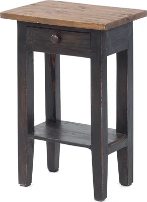 A dark wood side table with a single drawer and a lower shelf, presented against a white background.