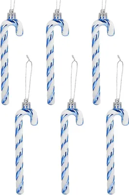 A collection of blue and white striped candy cane ornaments arranged in two rows against a white background.
