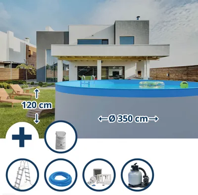 Produktbild von Stahlwandpool Set rund Almeria 350x120 cm, Stahl 0,4 mm weiß, Folie 0,3 mm blau, overlap