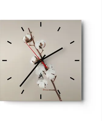 Produktbild von Wanduhr - Quadrat - Glasuhr - Baumwolle Zweig Boho - 30x30cm - Schleichendes Uhrwerk - Lautlos - zum Aufhängen bereit - Dekoration Modern - Wanddekoration aus Glas - C3AC30x30-4730