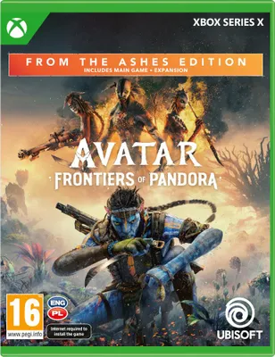 Cover art for the video game Avatar: Frontiers of Pandora, featuring Na'vi characters and promotional text.