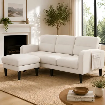 Zdjęcie produktu dla Trzyosobowa sofa narożna Merax w kształcie litery L z leżanką i 6 kieszeniami bocznymi, modułowa sofa narożna z zdejmowanymi poduszkami i 10 solidnymi nóżkami, beżowa