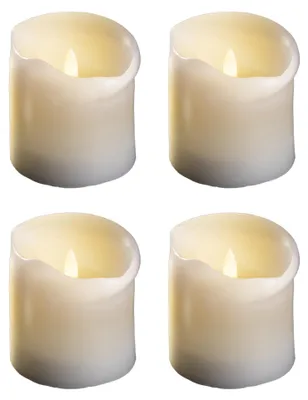 Produktbild von 4er Set LED Stumpenkerzen mittel - Echtwachskerze mit beweglicher Flamme flackernd - Timerfunktion für 6 Stunden Warmweißes Licht 7,5cm Durchmesser 12,5cm Höhe - 2 AA Batterien nötig