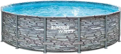 A round above-ground swimming pool with a stone-patterned exterior.