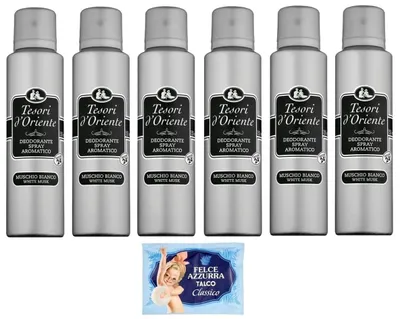 Produktbild von 6er-Pack Tesori d'Oriente Muschio Bianco Aromatisches Deodorant Spray Weißer Moschus,150ml + 1er-Pack Felce Azzurra Talkumpuder, 100g-Beutel