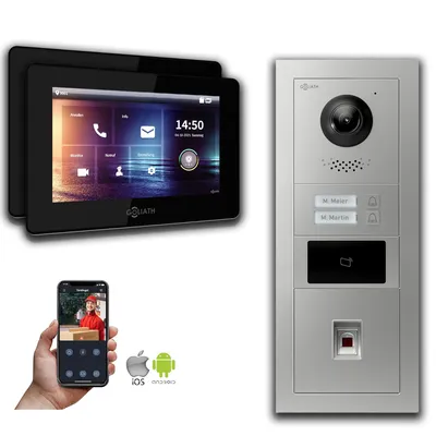 Produktbild von Goliath IP Video Türsprechanlage: 7-Zoll 2 Familienhaus, Fingerprint, RFID, Silber : 7 Zoll Schwarz : 4er POE : Aufputz Dose Anschluss: 4er POE Monitor Farbe: 7 Zoll Schwarz Montage: Aufputz Dose