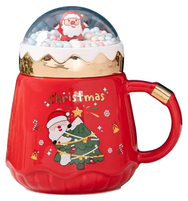 Weihnachts-Kaffeetasse 420 ml mit Deckel und Löffel, Keramik, rot