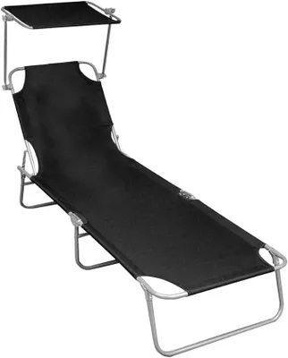 Produktbild von Klappliege mit Sonnendach Schwarz, Aluminium Gartenliege verstellbar, wetterfest und klappbar für Terrasse Balkon Pool, ergonomisch mit Dach und Armlehne