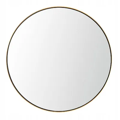A round mirror with a gold frame against a white background.