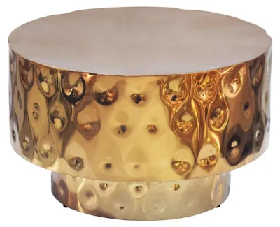 Couchtisch Trommelform 60 cm Gold aus Aluminium mit strukturierter goldener Oberfläche in Gesamtansicht.