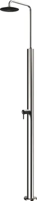 A stainless steel outdoor shower with a rain shower head and a faucet.