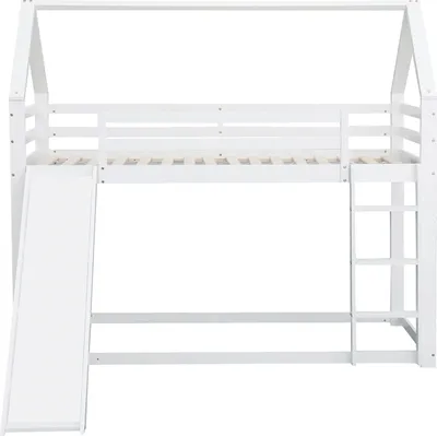 Produktbild von Einzelbett(Weiß,90x200cm)Kinderbett Hausbett Etagenbett mit Rutsche und Leiter