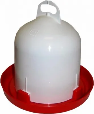 A white and red poultry drinker on a white background.