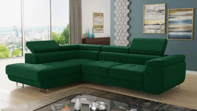 Produktbild von Ecksofa Caris mit Schlaffunktion und einstellbare Kopfstützen, Wohnlandschaft, Couchgarnitur, Bettkasten, Sofagarnitur, Couch, Sofa (Grün (Kronos 19), Ecksofa Links)