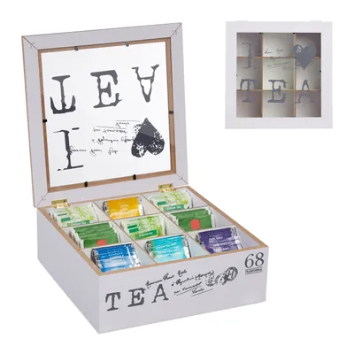 Image de Boîte à thé Relaxdays, 9 compartiments, rangement pour sachets de thé, MDF, acrylique, boîte à thé avec fenêtre transparente, H x L x l : 9 x 25 x 25 cm, blanc/gris