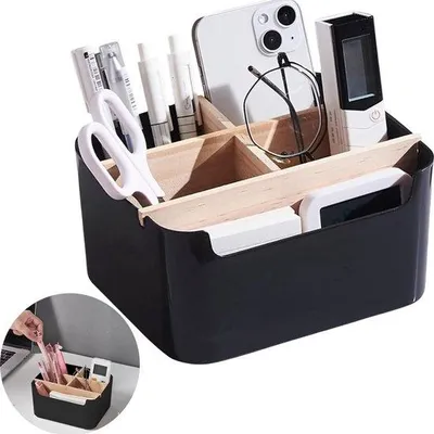 Imagen del producto de Organizador de escritorio Famanu de madera con 5 compartimentos: caja de almacenamiento multifuncional en blanco/