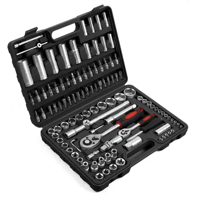 Produktbild von Steckschlüsselsatz - 108-teiliges Ratschenkasten Set - CR-V Stahl - 0,6 cm und 1,3 cm Antrieb - KFZ Werkzeug für Autoreparatur - Im Koffer