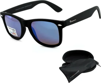 Produktbild von Retro Sonnenbrille Polarisiert Blau Verspiegelt Schwarz Matt Ovale Nerd Brille 50er Jahre Markenbrille Rennec Brillenbox
