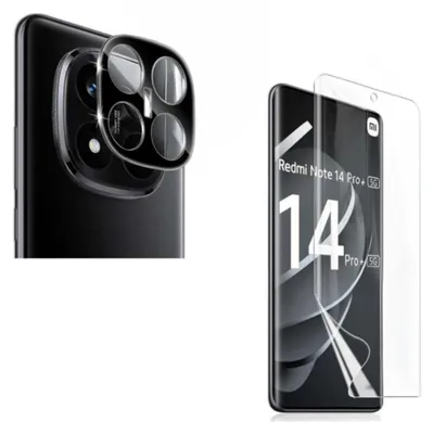 A collage showing a smartphone camera lens protector and a smartphone with a screen protector applied.
