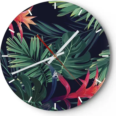 Produktbild von Wanduhr - Rund - Glasuhr - Exotisch Blumen Blätter - 30x30cm - Schleichendes Uhrwerk - Lautlos - zum Aufhängen bereit - Dekoration Modern - Wanddekoration aus Glas - C3AR30x30-4308