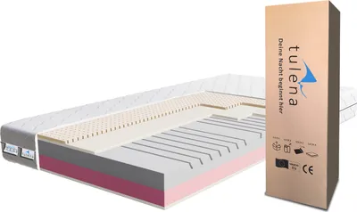 A cross-section of a mattress is shown next to its packaging.