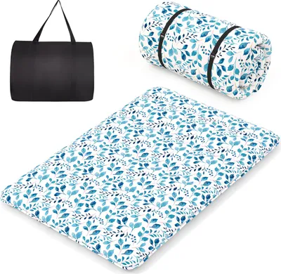 A black carrying bag, a rolled-up mat with a blue leaf pattern, and an unrolled mat with the same pattern are displayed against a white background.