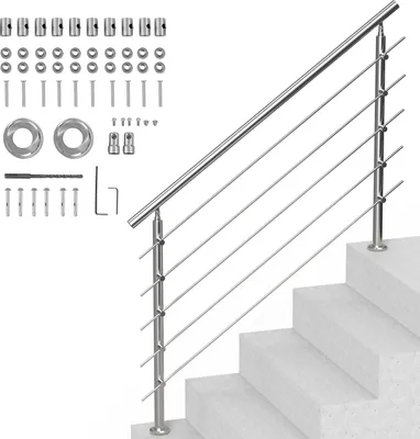 A stainless steel stair railing kit with various mounting hardware components laid out on a white background, with a partial view of the railing installed on concrete stairs.
