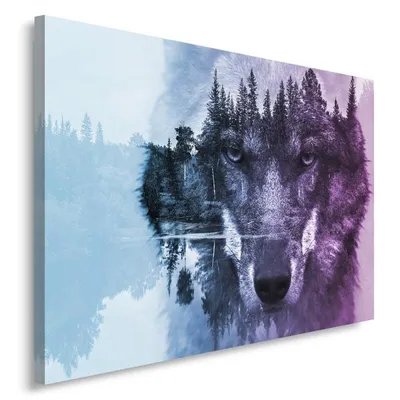 Produktbild von Leinwandbild wolf auf waldhintergrund lila 120x80 cm Feeby lila wandbild bereit zum aufhängen