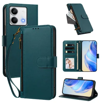 Produktbild von Geldbörse Hülle für Xiaomi Redmi Note 13 5G, Kunstleder Handyhülle mit Kartenfächer, Ständer, Handschlaufe Grün