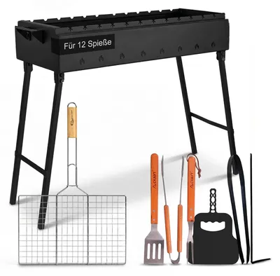 Produktbild von Mangal Stahl 2 mm 80 cm für 12 Spieße Grillrost Edelstahl Holzgriff, Grillbesteck, Grillfächer, Holzkohlegrill BBQ für Spieße oder Grillrost Schaschlik Shashlychnik Grill