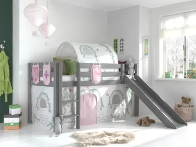 Image de Vipack lit de jeu Pino incl. toboggan avec set textile rideau, tunnel et 3 sacs "Birdy