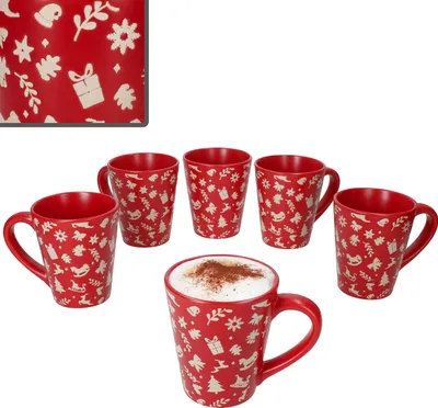 Produktbild von 6er Set Advent Kaffeebecher 250ml Steingut Rot Creme Weihnachten Tee