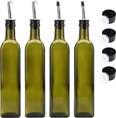 Zdjęcie produktu dla Zestaw 4 butelek na olej i ocet z dziobkiem i klapką, butelka z dozownikiem do oliwy z oliwek, szklana butelka na olej, sosy i ocet – ciemnozielona, 500 ml