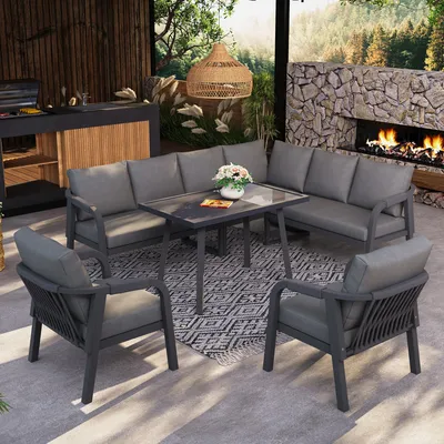 Produktbild von Merax Gartenmöbel-Set für 8 Personen, Garten-Essgruppe mei Ecksofa, Esstisch und 2 Sessel , Geflochtene Armlehnen, Verzinktes Stahlgestell, Grau