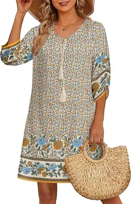 Produktbild von ASKSA Damen Bohemian Tunika Kleid Strandkleid Sommerkleider Vintage Strandkleider 3/4-Arm Rundhals Kleid Blumenmuster Tunikakleider (Apricot,XXL)