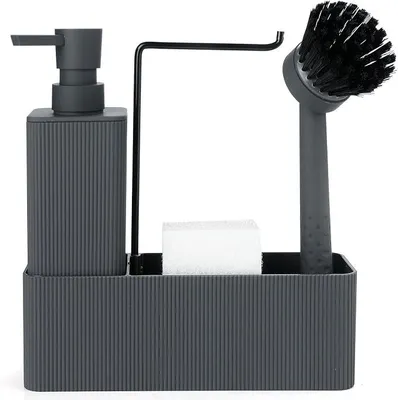 Produktbild von PolkaHome® Spülmittelspender mit Spülbürste, Schwamm und Handtuchhalter – Kompakte Küchenorganizer-Set für Spüle und Bad,