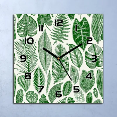 Produktbild von Wanduhr Echt-Glas-Küchenuhr Grüne Blätter Quarz Lautlos 30x30 Deko Bilder