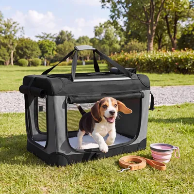 Produktbild von FEANDREA Faltbare Hundebox Transportbox Hund für Auto und Zuhause 60 x 42 x 42 cm Schwarz