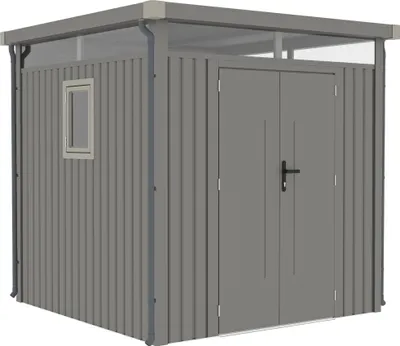 Produktbild von Rockford Gerätehaus Metall Geräteschuppen 230 x 230 cm Gartenhaus mit Flachdach inkl. Regenrohre Lagos 100 Grau