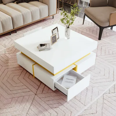 Zdjęcie produktu dla Merax stolik kawowy o wysokim połysku z 2 szufladami, stolik do salonu stolik boczny stolik kawowy stolik do domu, 70x 35,5x 70 cm, biały