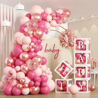Productafbeelding van Babyfeest decoratieset: 6 ballonnenboxen in roze, 112 ballonnen, 54 letters voor verjaardag of bruiloft