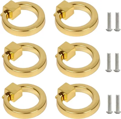 Image de Poignées de coffre en forme d'anneau, 6 boutons de meubles, poignées de meubles dorées avec un trou, poignées de tiroirs, boutons d'armoires, boutons de portes, boutons de dressoirs, poignées dorées pour tiroirs de cuisine