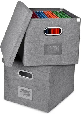 Obrázok produktu pre Sada úložných boxov Unyqoos® (2 kusy) – vzhľad ľanu, 37,5 × 33 × 28 cm, vhodné pre formáty A4/Letter, skladacie, s vekami, rúčkami a slotom na štítky