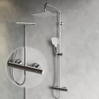 Produktbild von AM.PM Duschsystem mit Thermostat Duschset mit Regendusche 30x30 cm & Handbrause, höhenverstellbare Duschsäule 103–146 cm, Chrom, F078X400 Play