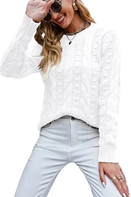 Produktbild von ASKSA Damen Elegant Pullover Casual Langarm Strickpullover Grobstrick Pulli Sweatshirt Oberteile, Weiss, S