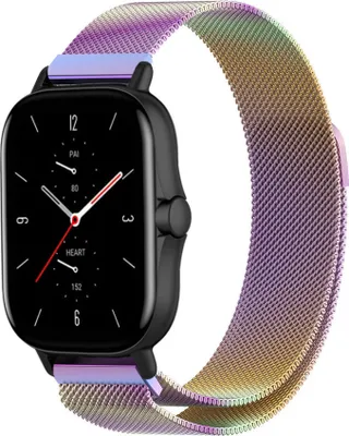 A smartwatch with a colorful Milanese strap is displayed against a white background.