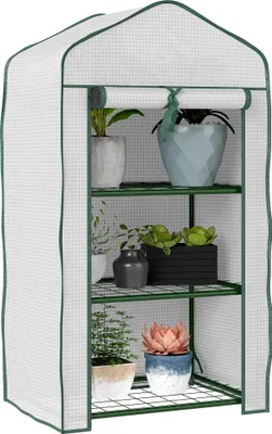 Image de Outsunny Serre de jardin avec étagères 3 niveaux, serre de balcon, bâche renforcée PE, châssis en acier, porte zippée enroulable, pour légumes plantes fleurs, 59 x 39 x 127 cm, blanc