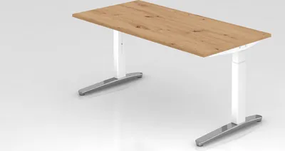 Produktbild von Schreibtisch Mika | Asteiche | Weißes Gestell poliert | BxT 160x80cm | Arbeitshöhe 65-85cm | höhenjustierbar, 1cm Raster | C-Fuß-Gestell | Rechteckform