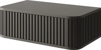 A dark gray nightstand with a fluted front.